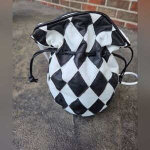Vintage Gino Genuine Leather Black and White Checkered Harlequin Drawstring Bag